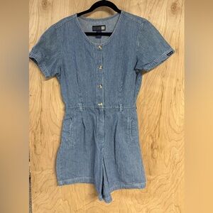 Vintage Gloria Vanderbilt Denim Hickory Striped Romper Women's Size Small Blue